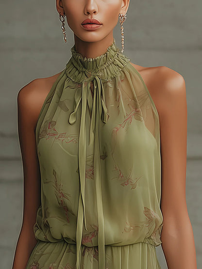 Sylvie | Groene mini-jurk van chiffon met bloemenprint en hoge taille