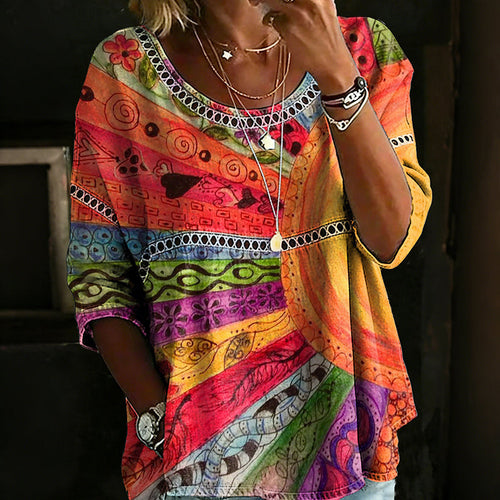 Lucette – Vintage blouse met bladprint en knoopsluiting