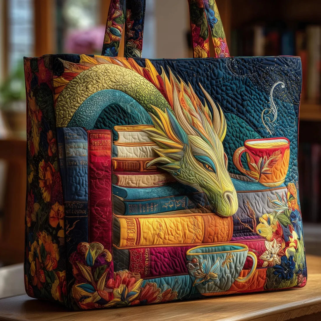 Borsa Artigianale – Drago Lettore con Libri e Tazze