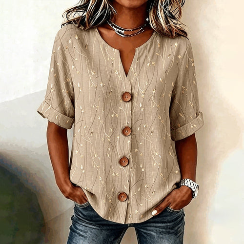 Ginevra – Vintage blouse met bladprint en decoratieve knopen