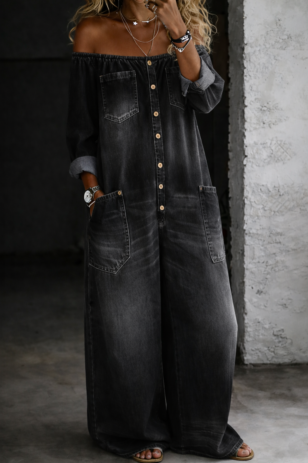 Elena | Tuta in denim a spalle scoperte