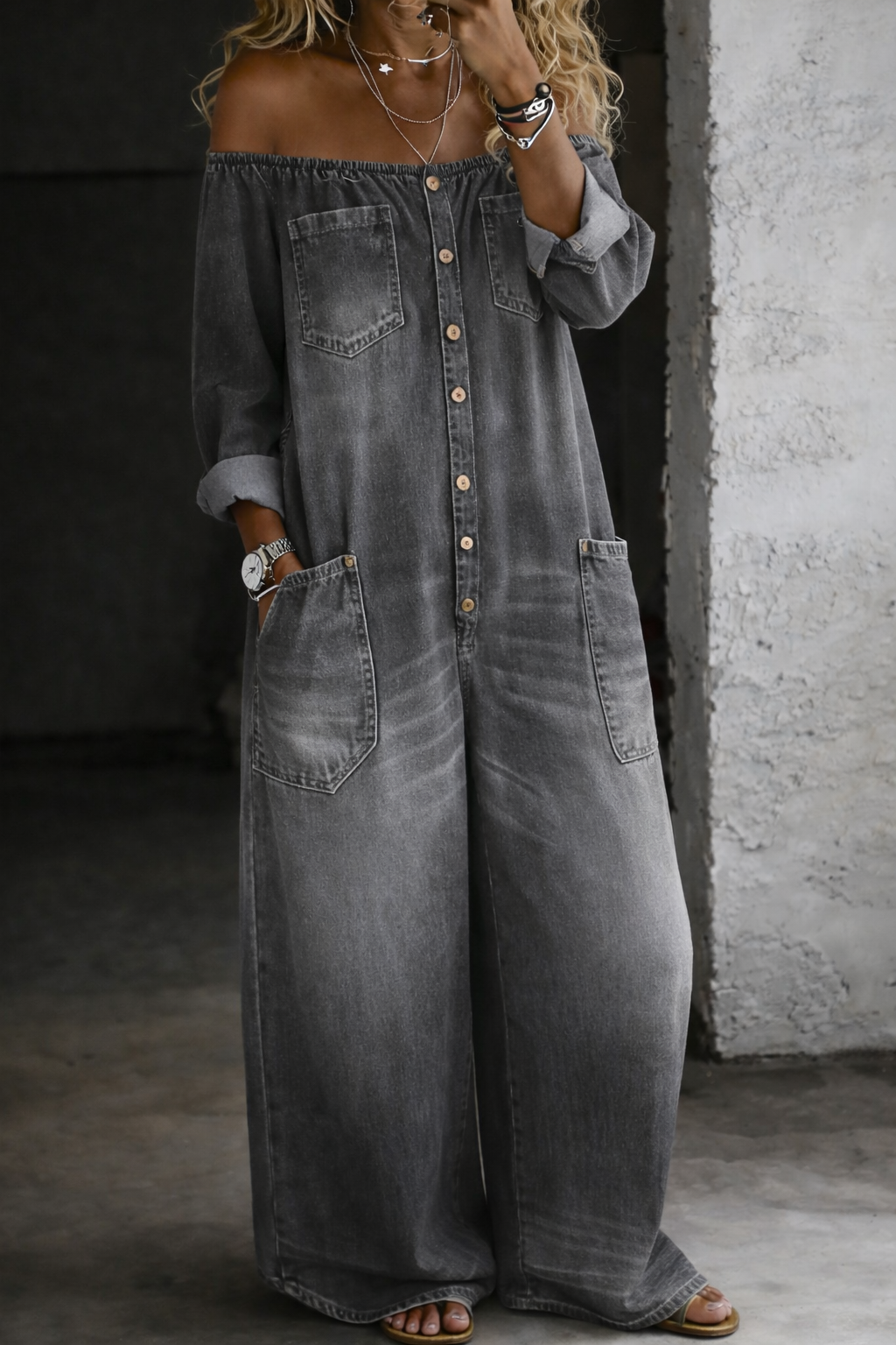Elena | Tuta in denim a spalle scoperte