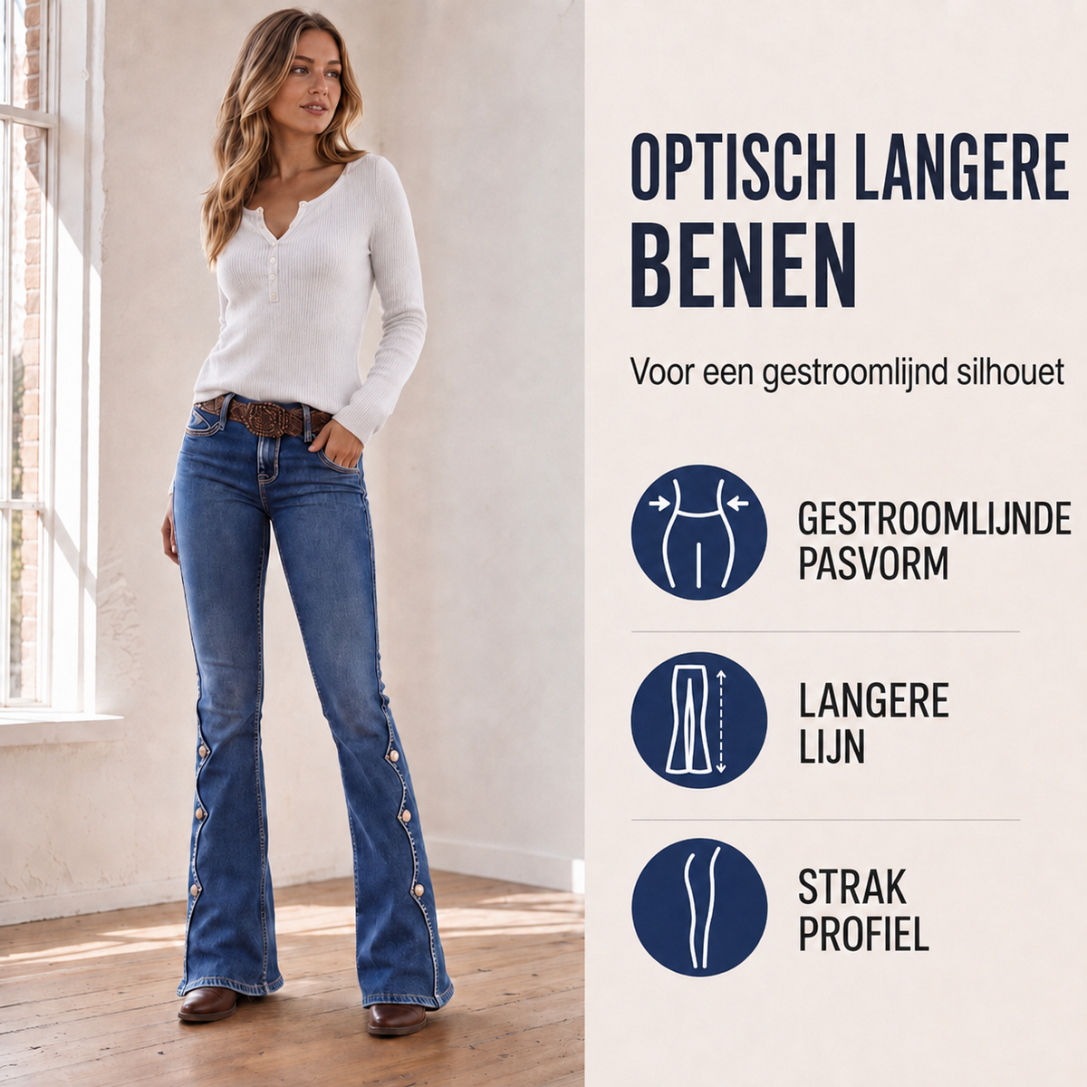 Marielle | Hoog getailleerde bootcutjeans met stretch en sierknopen