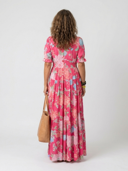 Ione | Abito midi a maniche corte con scollo a V e stampa floreale