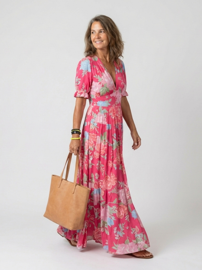 Ione | Abito midi a maniche corte con scollo a V e stampa floreale