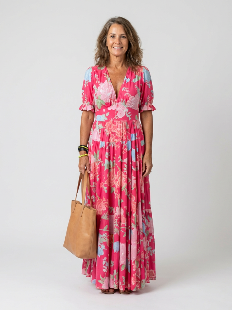 Ione | Abito midi a maniche corte con scollo a V e stampa floreale