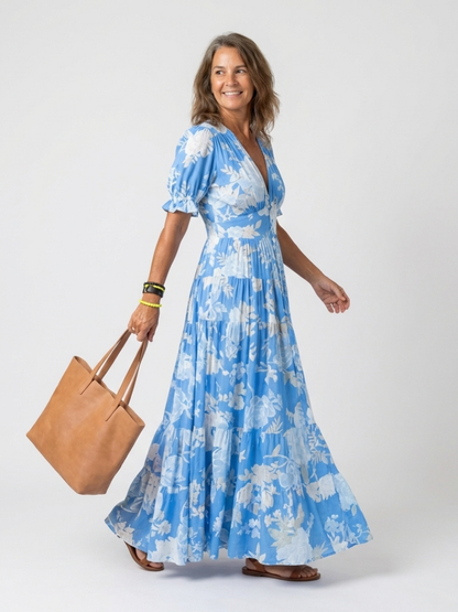 Ione | Abito midi a maniche corte con scollo a V e stampa floreale