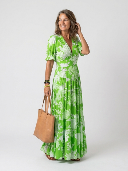 Ione | Abito midi a maniche corte con scollo a V e stampa floreale