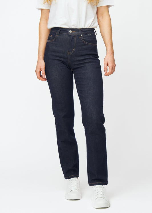 Veerle – Donkerblauwe Stretchjeans met Hoge Taille en Rechte Pijpen