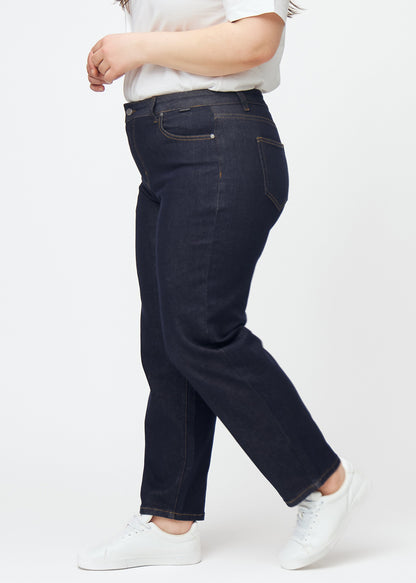 Veerle – Donkerblauwe Stretchjeans met Hoge Taille en Rechte Pijpen