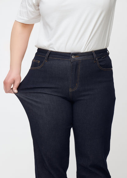 Veerle – Donkerblauwe Stretchjeans met Hoge Taille en Rechte Pijpen