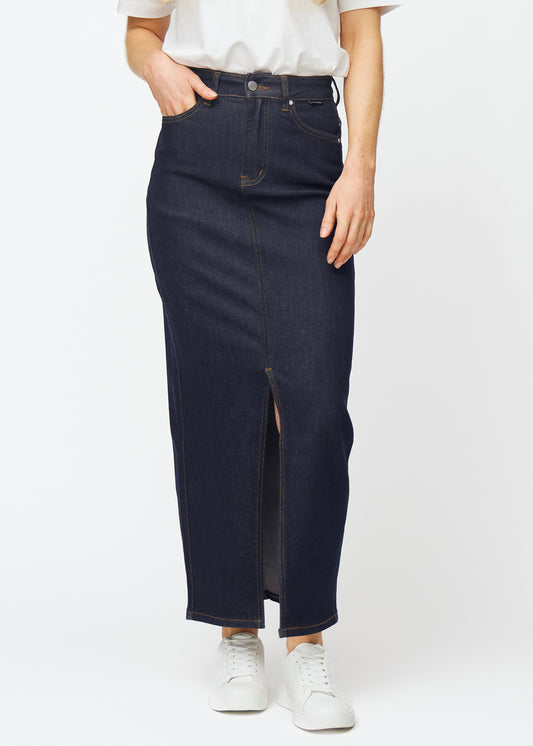 Hannelore – Donkerblauwe Lange Stretchrok met Voorsplit