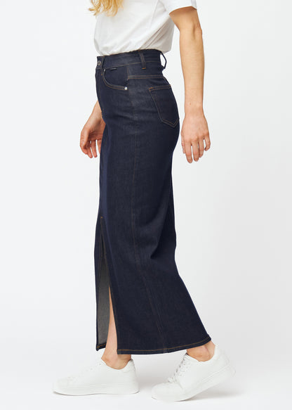Hannelore – Donkerblauwe Lange Stretchrok met Voorsplit