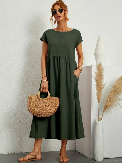 Abito midi fluido Gabrielle™ verde militare con linea comoda e raffinata