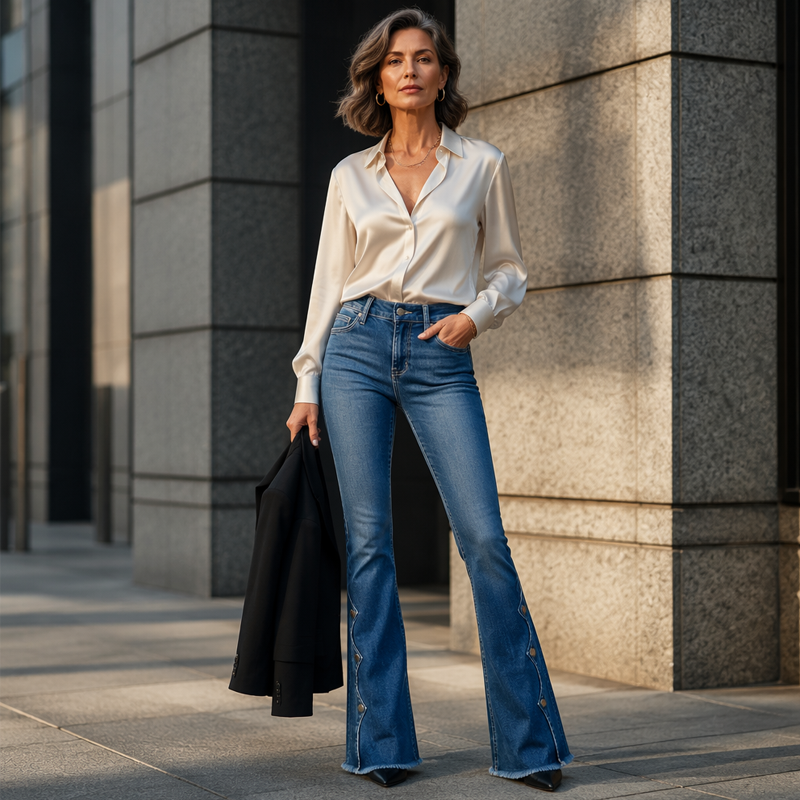 Marielle | Hoog getailleerde bootcutjeans met stretch en sierknopen