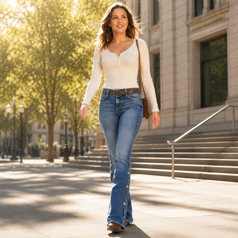 Marielle | Hoog getailleerde bootcutjeans met stretch en sierknopen