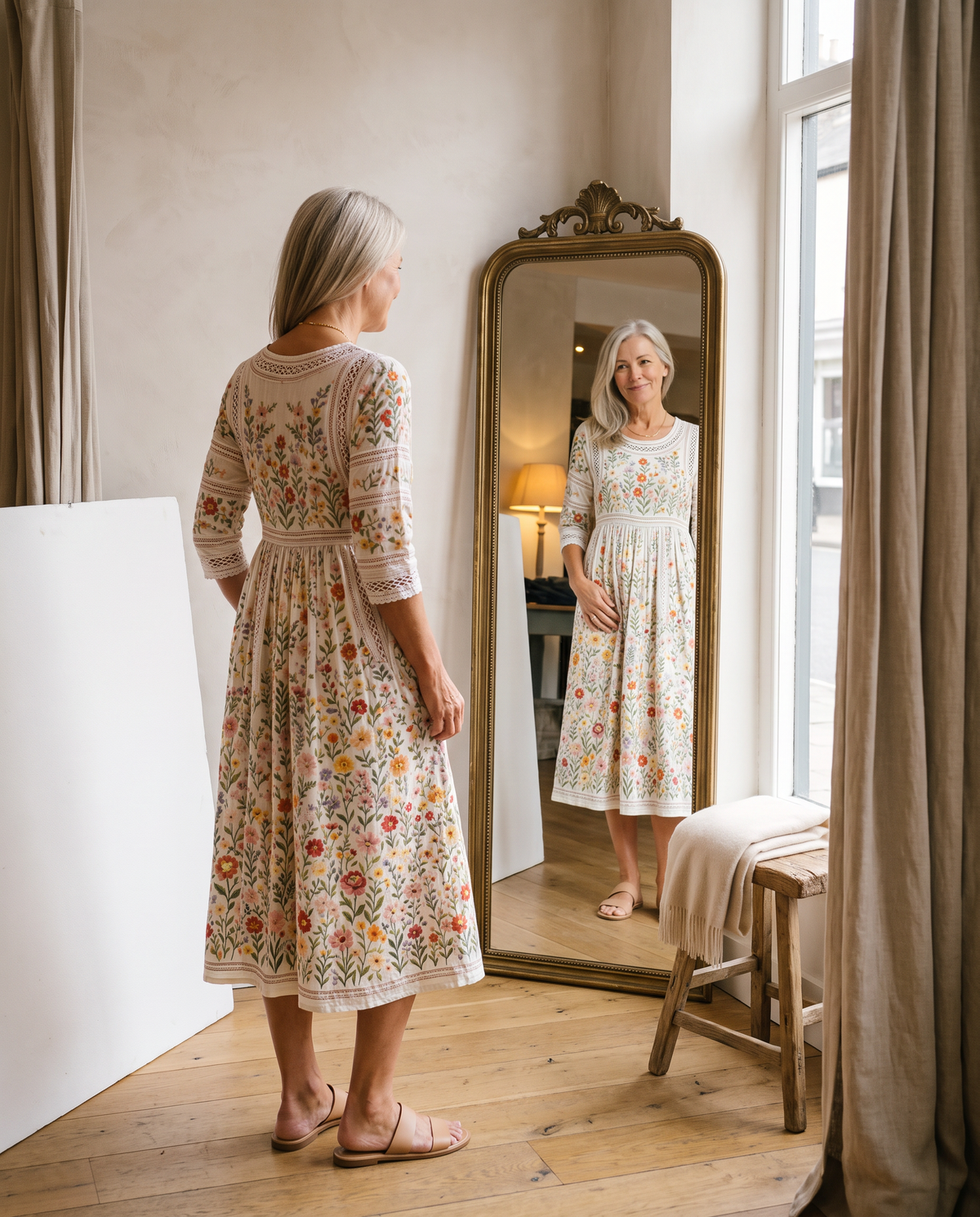 Elise | Gebloemde midi-jurk met kant en zakken